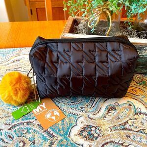 MyTagAlongs Black Quilted Makeup Pouch Recycled Fabric Gold Puff Charm NWT